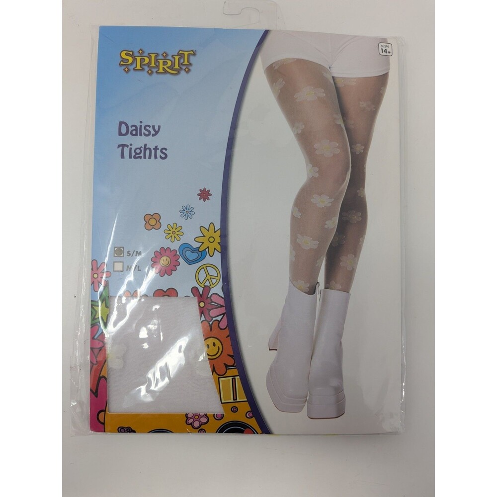 Spirit Halloween Daisy Tights S/M White 70s Retro Flower Power Costume NEW